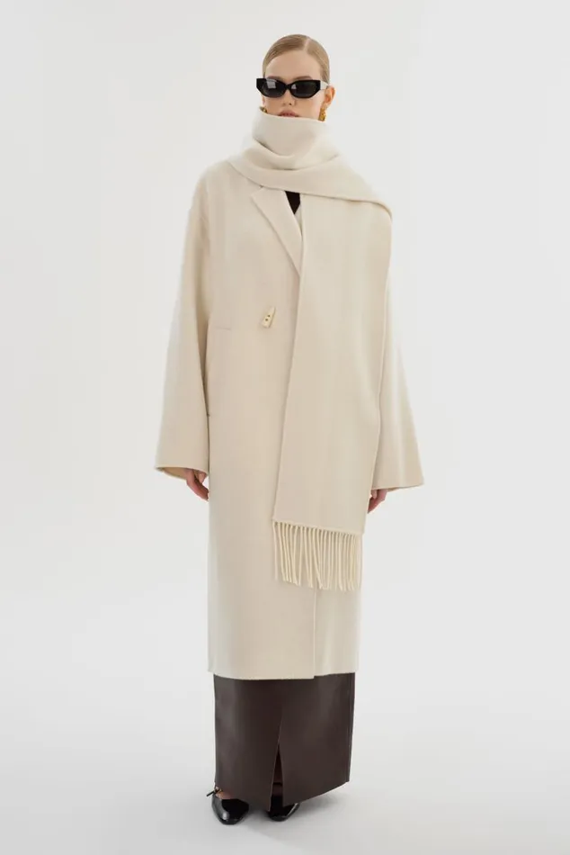 Women TWILA Wool Scarf Coat Winter White LAMARQUE Wool