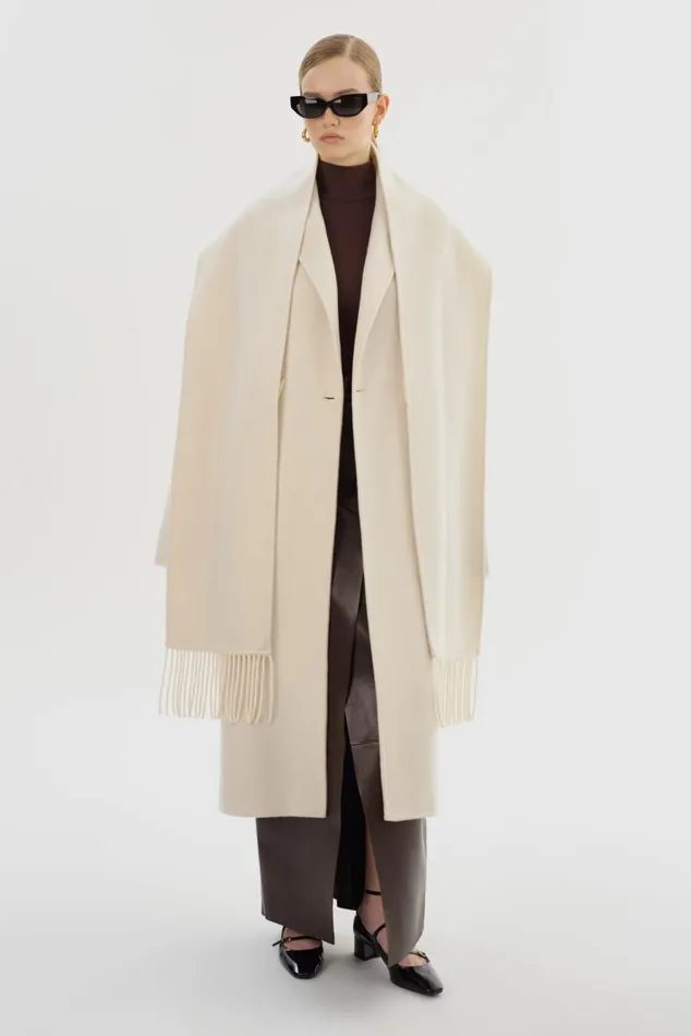 Women TWILA Wool Scarf Coat Winter White LAMARQUE Wool