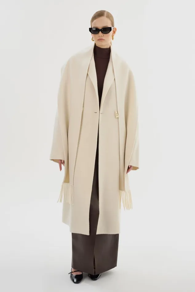 Women TWILA Wool Scarf Coat Winter White LAMARQUE Wool