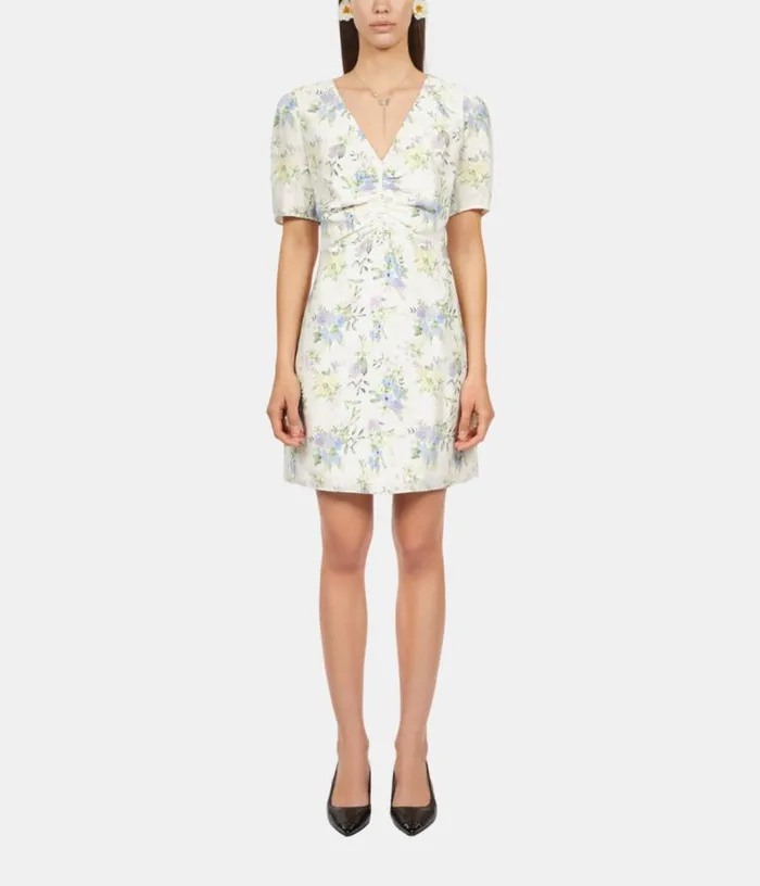 Women White Floral Short Sleeve Short Dress With Shirring THE KOOPLES Dresses and Jumpsuits Women White Floral Short Sleeve Short Dress With Shirring THE KOOPLES Dresses and Jumpsuits