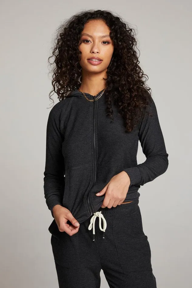 Womens Tops Chaser Brand Black Long Sleeve Raglan Zip Up Hoodie