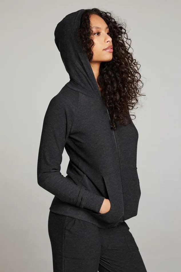 Womens Tops Chaser Brand Black Long Sleeve Raglan Zip Up Hoodie