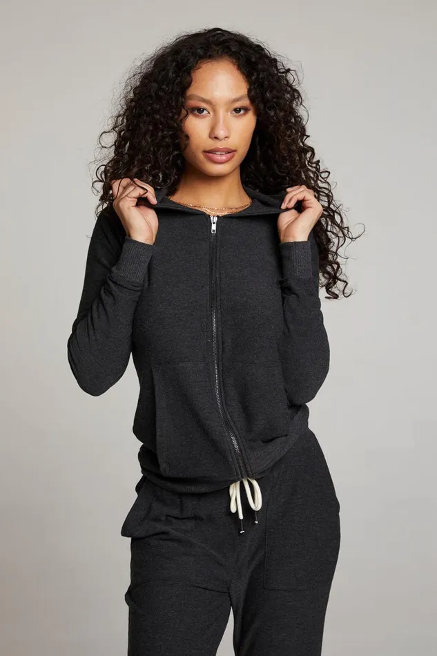 Womens Tops Chaser Brand Black Long Sleeve Raglan Zip Up Hoodie