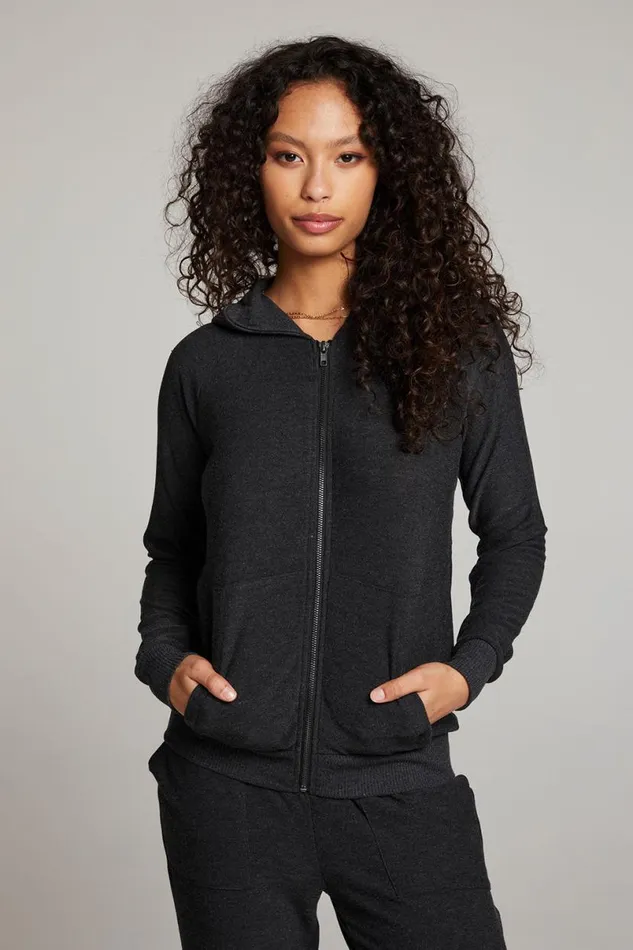 Womens Tops Chaser Brand Black Long Sleeve Raglan Zip Up Hoodie