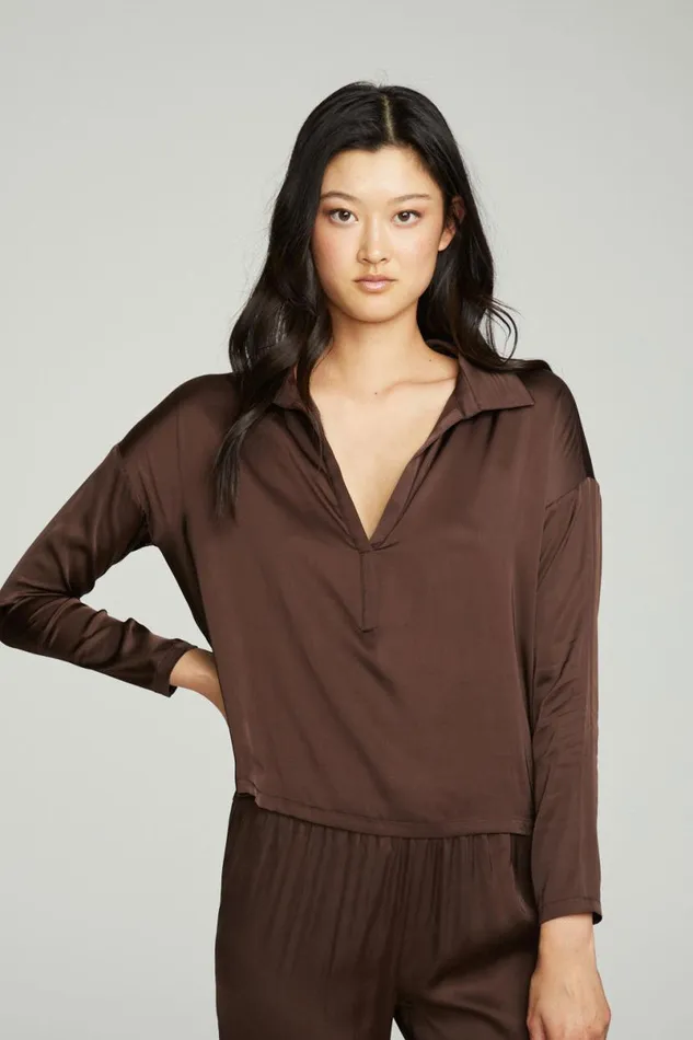 Womens Tops Chaser Brand Collared Half Placket Dolman