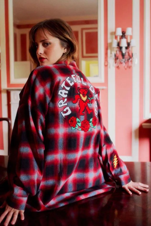 Womens Tops Chaser Brand Grateful Dead Dancing Bear Button Down Flannel