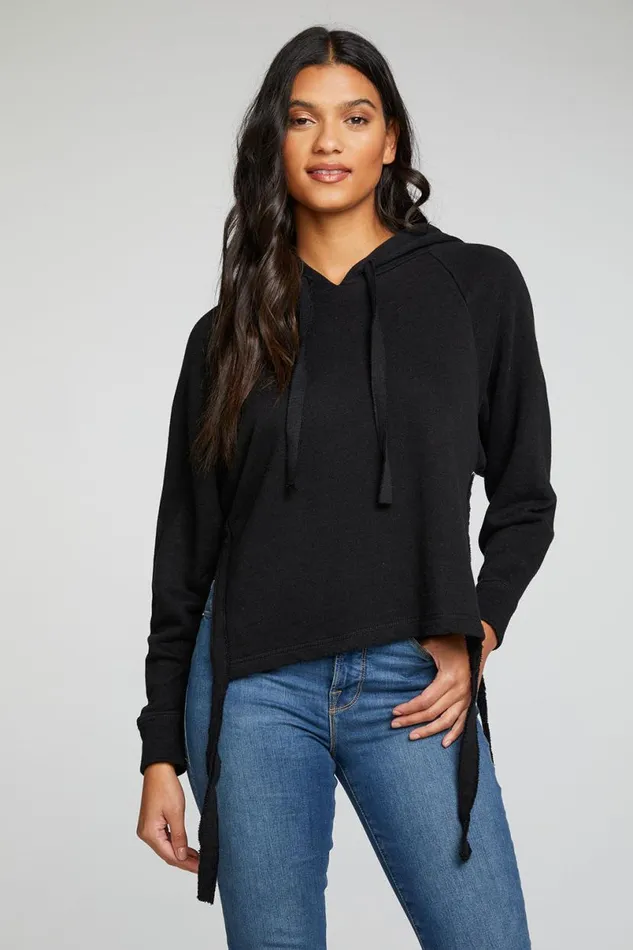 Womens Tops Chaser Brand Linen French Terry Long Sleeve Side Tie Batwing Pullover Hoodie