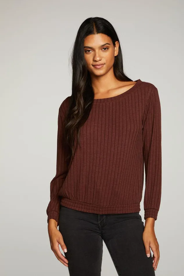 Womens Tops Chaser Brand Poor Boy Rib Open Neck Pullover With Shirring