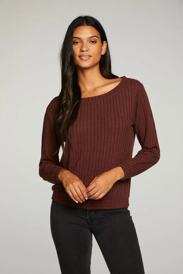 Womens Tops Chaser Brand Poor Boy Rib Open Neck Pullover With Shirring