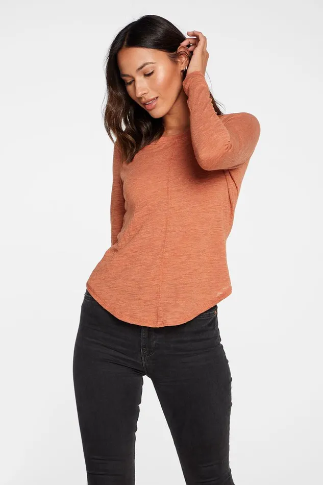 Womens Tops Chaser Brand Slub Jersey Long Sleeve Seamed Tee In Sunkissed Brown