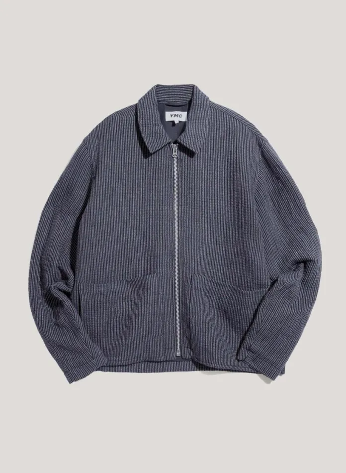 YMC Bay City Textured Stripe Bomber Jacket Blue Mens Outerwear