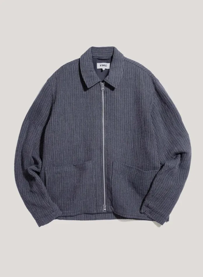 YMC Bay City Textured Stripe Bomber Jacket Blue Mens Outerwear