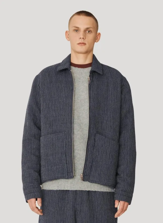 YMC Bay City Textured Stripe Bomber Jacket Blue Mens Outerwear