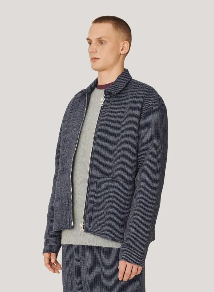 YMC Bay City Textured Stripe Bomber Jacket Blue Mens Outerwear