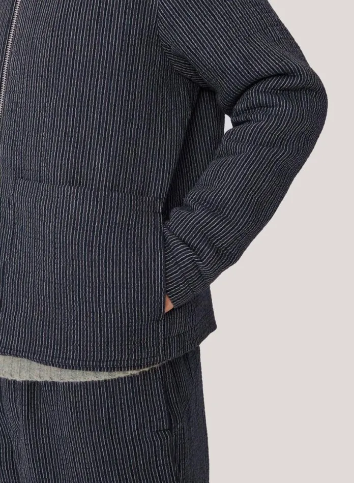 YMC Bay City Textured Stripe Bomber Jacket Blue Mens Outerwear
