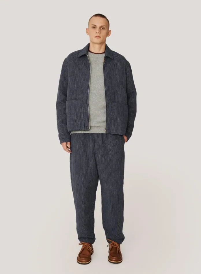 YMC Bay City Textured Stripe Bomber Jacket Blue Mens Outerwear