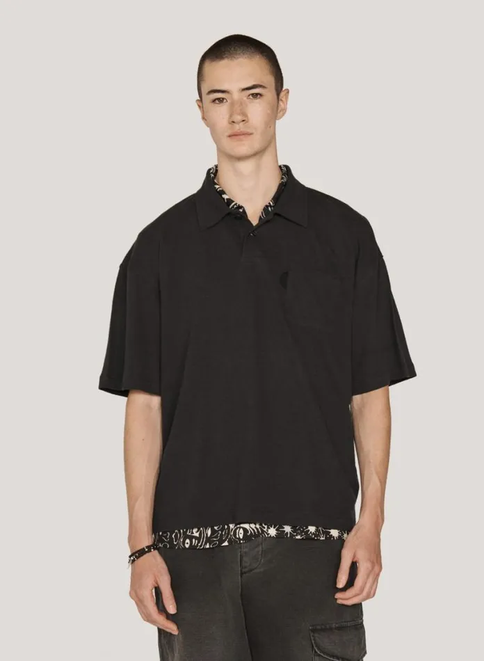 YMC Ivy Polo T Shirt Black Mens TShirts