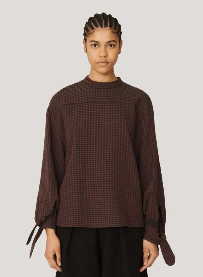 YMC Rush Seersucker Check Top Burgundy Multi Womens Shirts