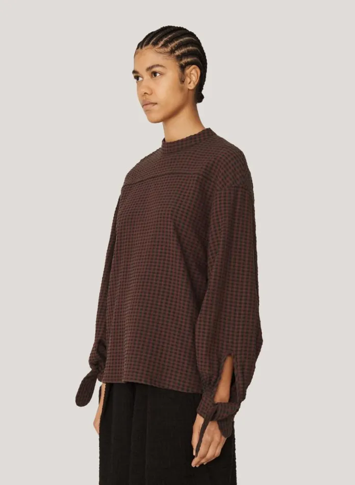 YMC Rush Seersucker Check Top Burgundy Multi Womens Shirts
