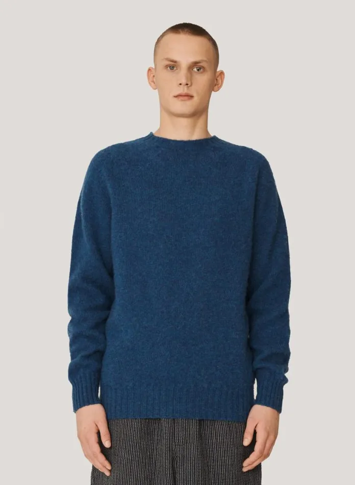 YMC Suedehead Crew Neck Jumper Blue Mens Knitwear