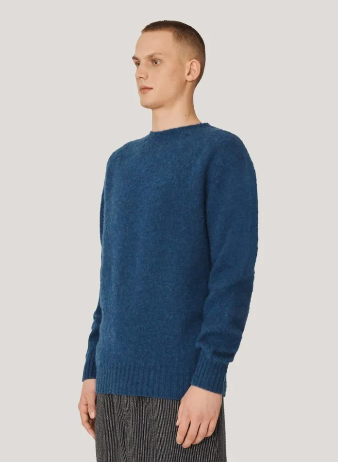 YMC Suedehead Crew Neck Jumper Blue Mens Knitwear